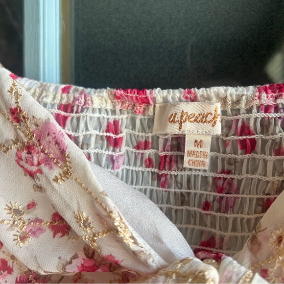 Buckle BKE Floral Front Tie Chiffon Puffy Sleeve Crop Top A. PEACH White Pink M - Picture 8 of 11